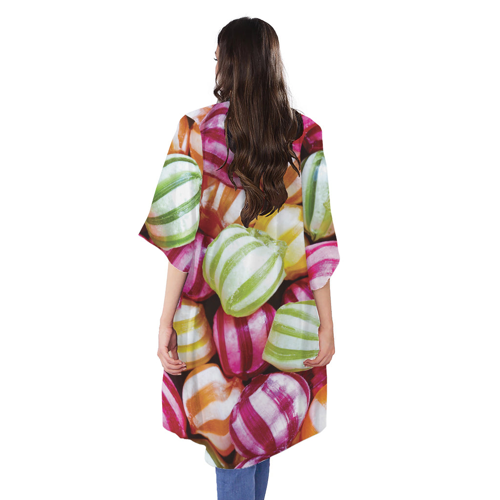 Colorful Candy Ball Print Open Front Beach Cover Up