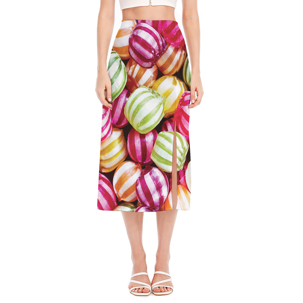 Colorful Candy Ball Print Side Slit Midi Skirt