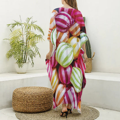 Colorful Candy Ball Print Silk V-Neck Kaftan Dress