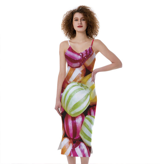 Colorful Candy Ball Print Slim Fit Midi Cami Dress