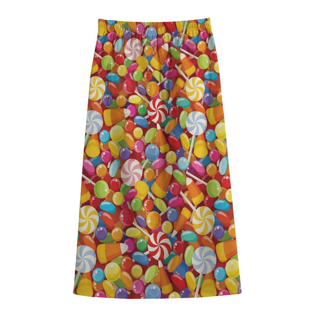 Colorful Candy Pattern Print Cotton Front Slit Maxi Skirt