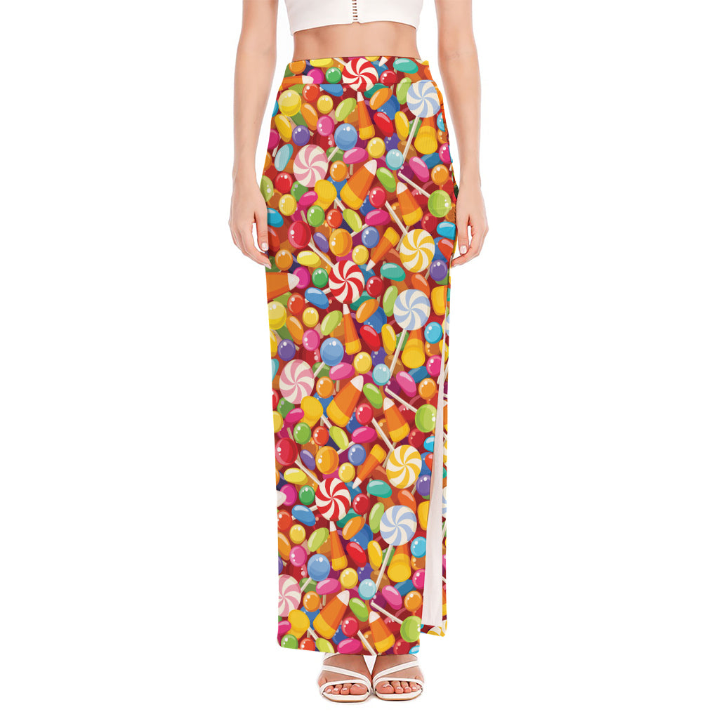 Colorful Candy Pattern Print High Slit Maxi Skirt