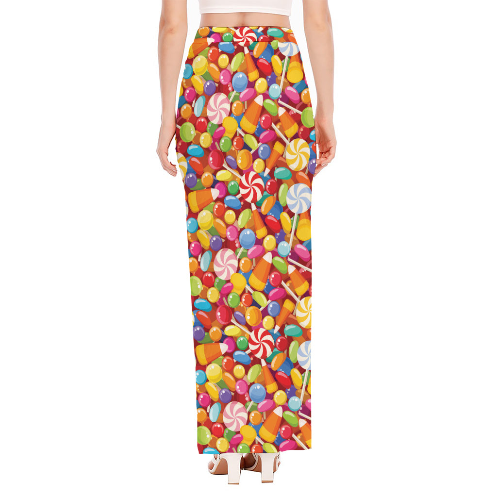 Colorful Candy Pattern Print High Slit Maxi Skirt