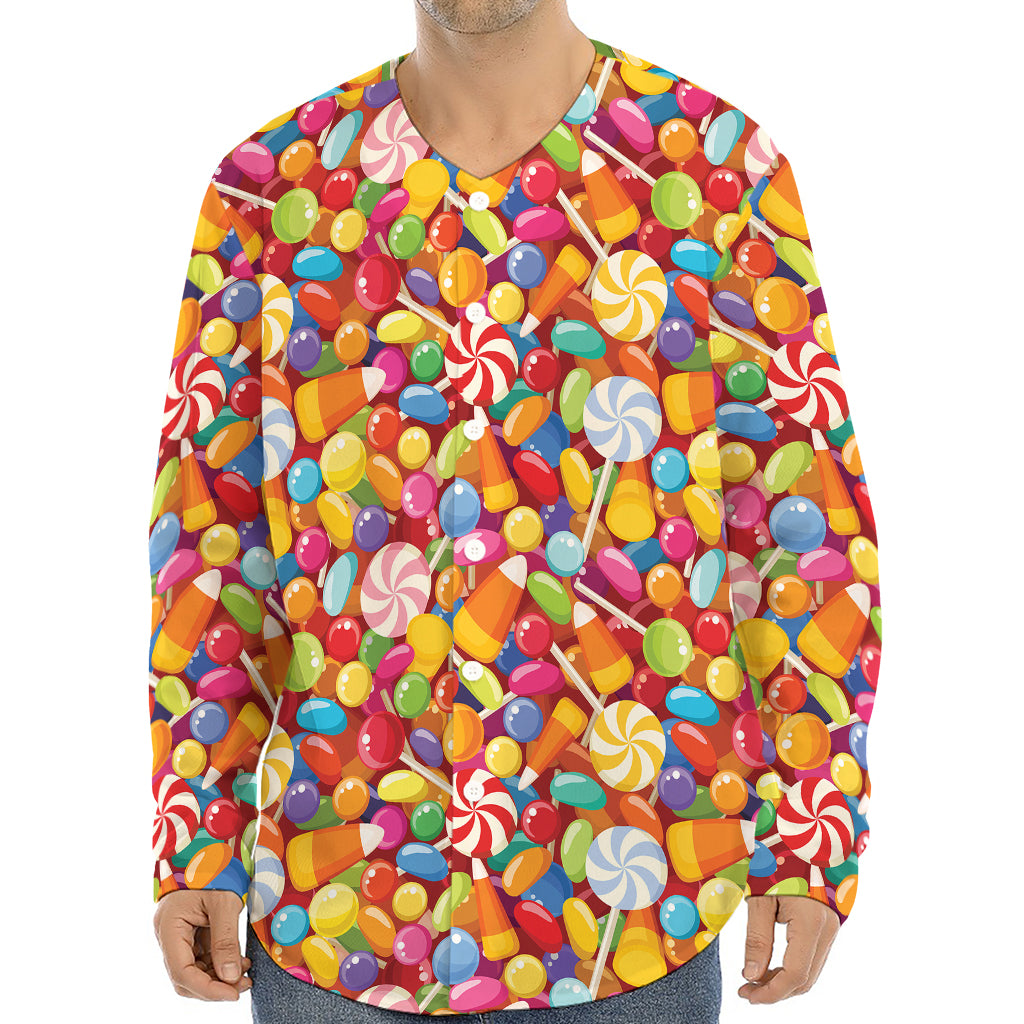 Colorful Candy Pattern Print Long Sleeve Baseball Jersey