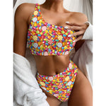 Colorful Candy Pattern Print One Shoulder Bikini Top