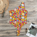 Colorful Candy Pattern Print One Shoulder Bodysuit