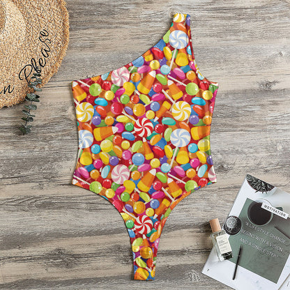 Colorful Candy Pattern Print One Shoulder Bodysuit
