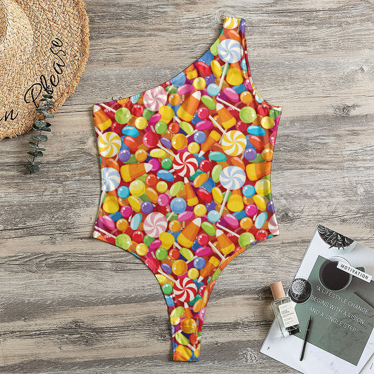 Colorful Candy Pattern Print One Shoulder Bodysuit