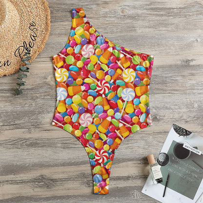 Colorful Candy Pattern Print One Shoulder Bodysuit