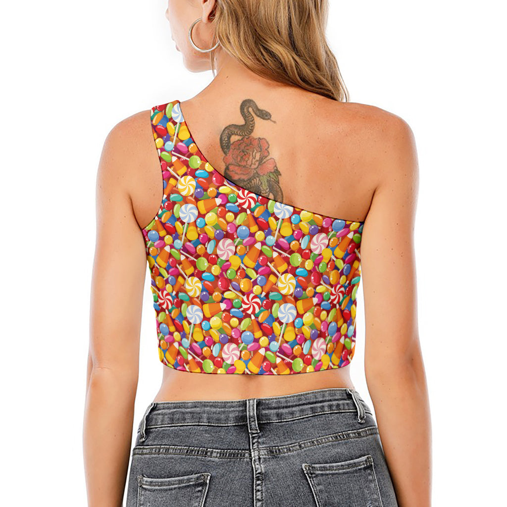 Colorful Candy Pattern Print One Shoulder Crop Top