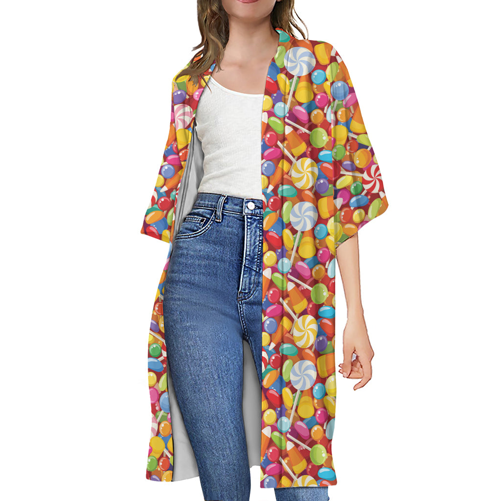 Colorful Candy Pattern Print Open Front Beach Cover Up