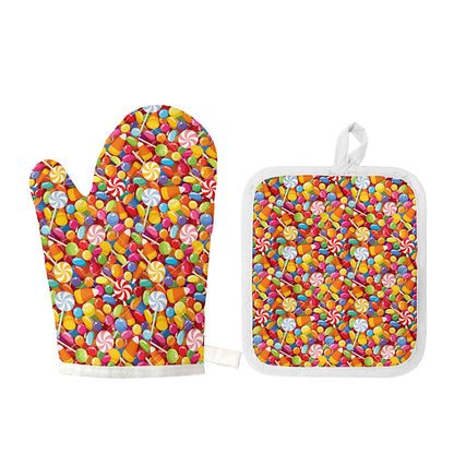 Colorful Candy Pattern Print Oven Mitt And Pot Holder Set