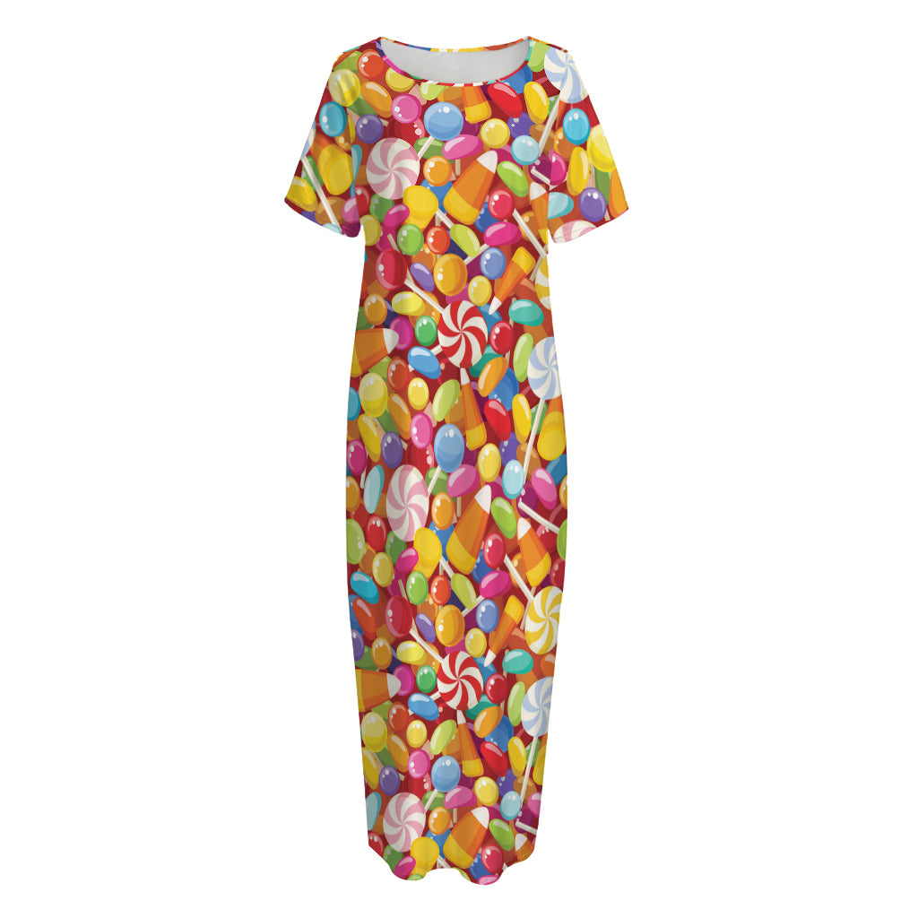 Colorful Candy Pattern Print Short Sleeve Long Nightdress