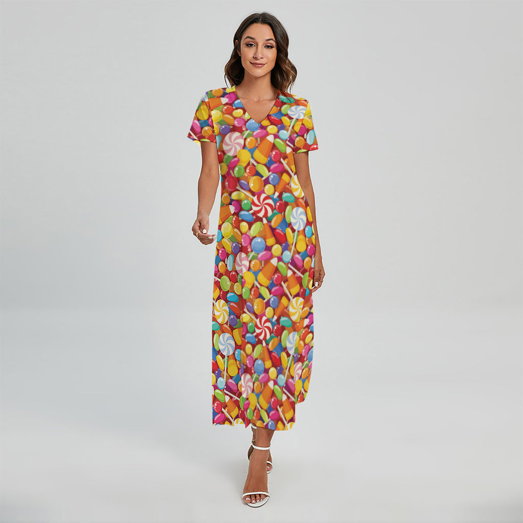 Colorful Candy Pattern Print Short Sleeve Maxi Dress