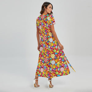 Colorful Candy Pattern Print Short Sleeve Maxi Dress