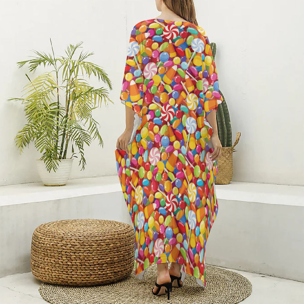 Colorful Candy Pattern Print Silk V-Neck Kaftan Dress