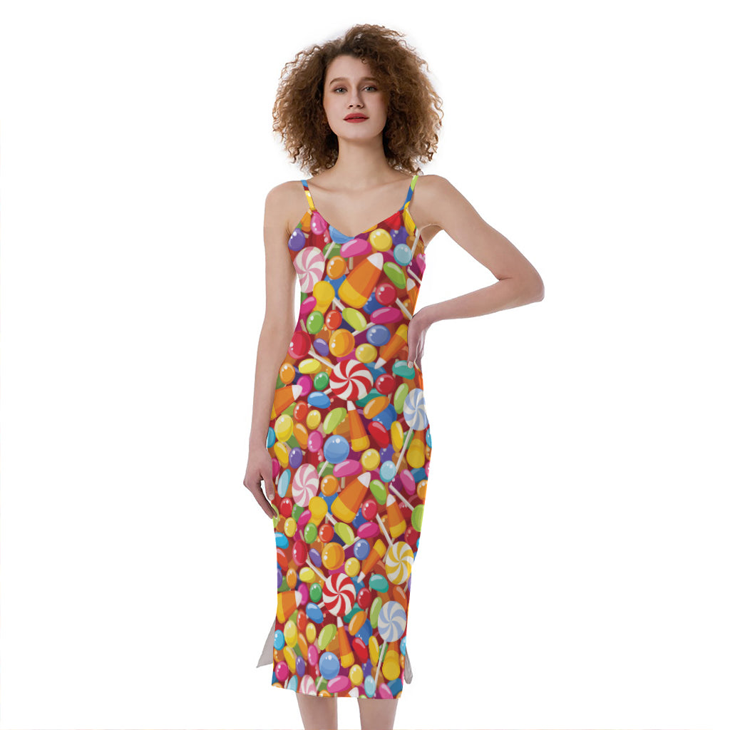 Colorful Candy Pattern Print Slim Fit Midi Cami Dress