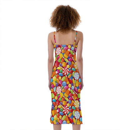 Colorful Candy Pattern Print Slim Fit Midi Cami Dress