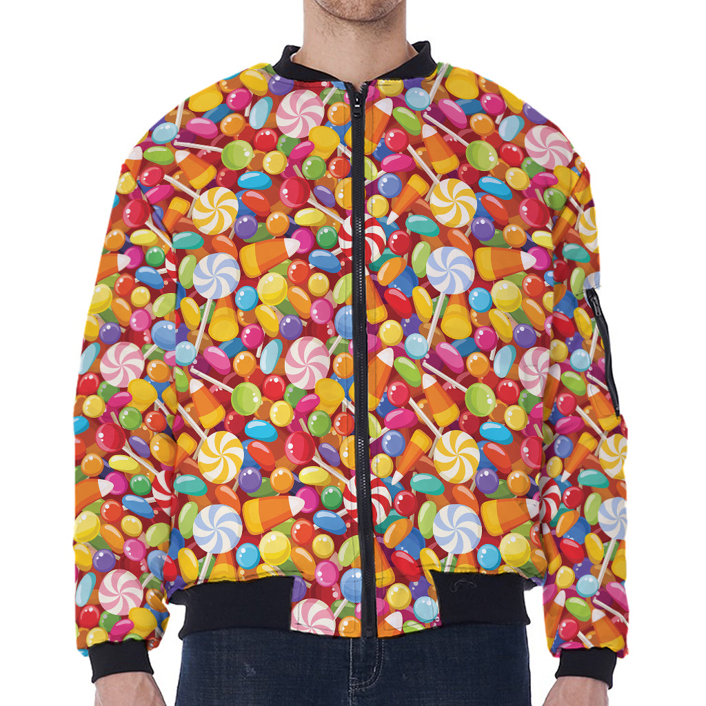 Colorful Candy Pattern Print Zip Sleeve Bomber Jacket