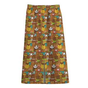 Colorful Cartoon Baby Bear Pattern Print Cotton Front Slit Maxi Skirt