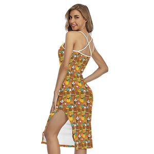 Colorful Cartoon Baby Bear Pattern Print Cross Back Cami Dress