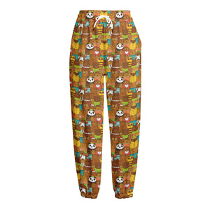 Colorful Cartoon Baby Bear Pattern Print Fleece Lined Knit Pants