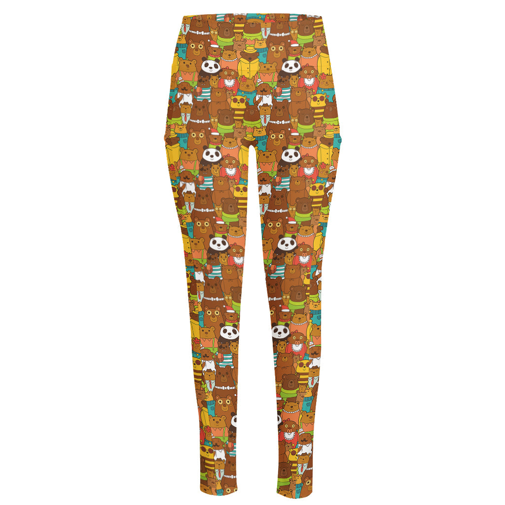 Colorful Cartoon Baby Bear Pattern Print High-Waisted Pocket Leggings