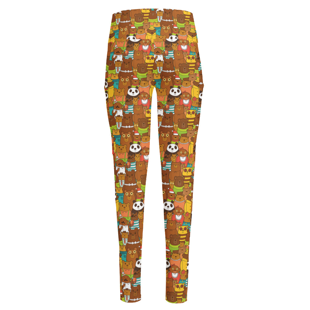 Colorful Cartoon Baby Bear Pattern Print High-Waisted Pocket Leggings