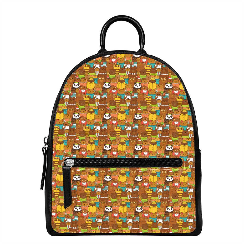 Colorful Cartoon Baby Bear Pattern Print Leather Backpack
