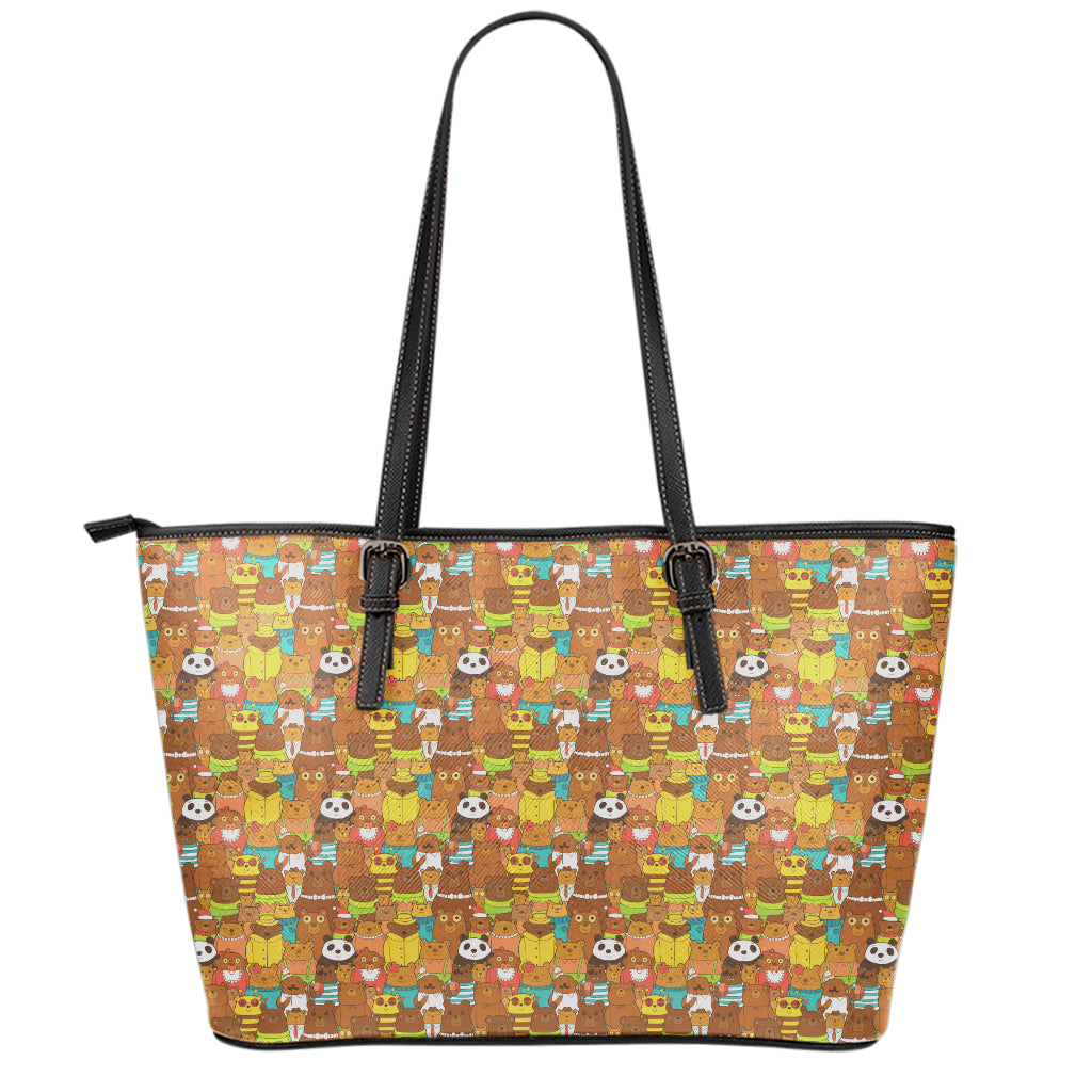 Colorful Cartoon Baby Bear Pattern Print Leather Tote Bag