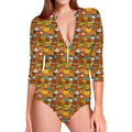 Colorful Cartoon Baby Bear Pattern Print Long Sleeve Swimsuit