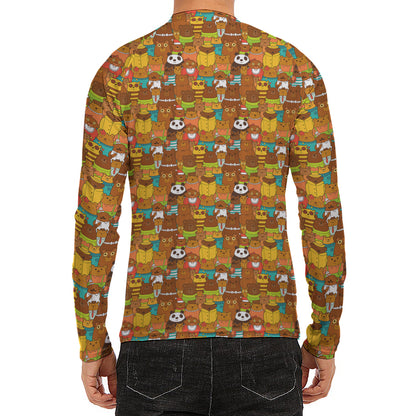 Colorful Cartoon Baby Bear Pattern Print Men's Long Sleeve Rash Guard