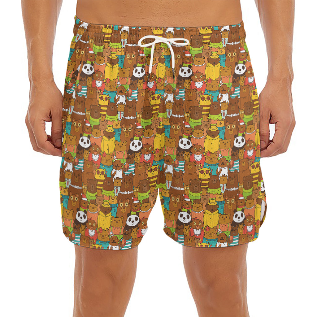 Colorful Cartoon Baby Bear Pattern Print Men's Split Running Shorts