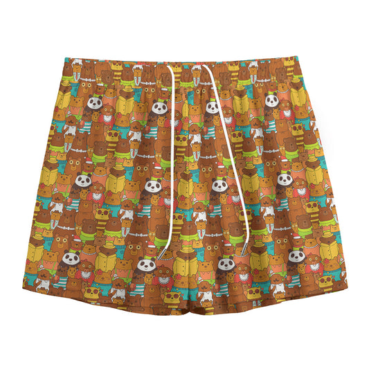 Colorful Cartoon Baby Bear Pattern Print Mesh Shorts