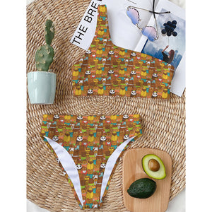 Colorful Cartoon Baby Bear Pattern Print One Shoulder Bikini Top