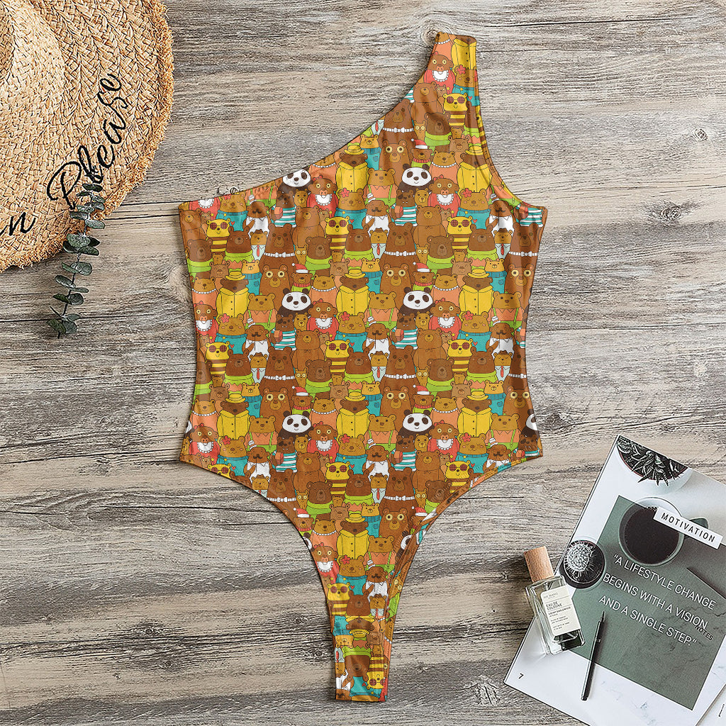 Colorful Cartoon Baby Bear Pattern Print One Shoulder Bodysuit