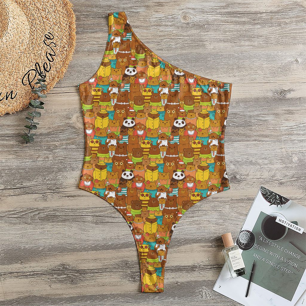 Colorful Cartoon Baby Bear Pattern Print One Shoulder Bodysuit