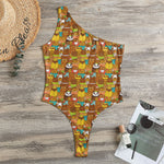 Colorful Cartoon Baby Bear Pattern Print One Shoulder Bodysuit