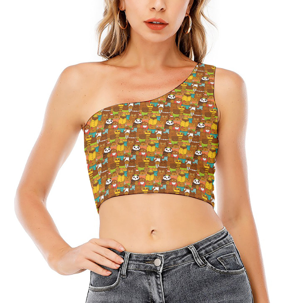 Colorful Cartoon Baby Bear Pattern Print One Shoulder Crop Top