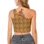 Colorful Cartoon Baby Bear Pattern Print One Shoulder Crop Top