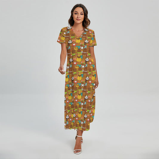Colorful Cartoon Baby Bear Pattern Print Short Sleeve Maxi Dress