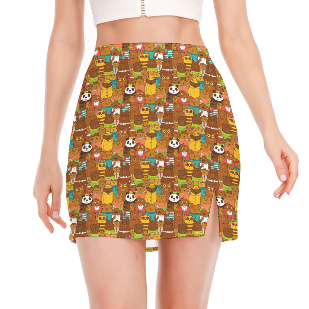 Colorful Cartoon Baby Bear Pattern Print Side Slit Mini Skirt