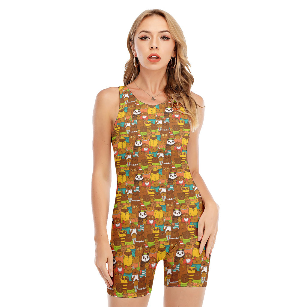 Colorful Cartoon Baby Bear Pattern Print Sleeveless One Piece Swimsuit