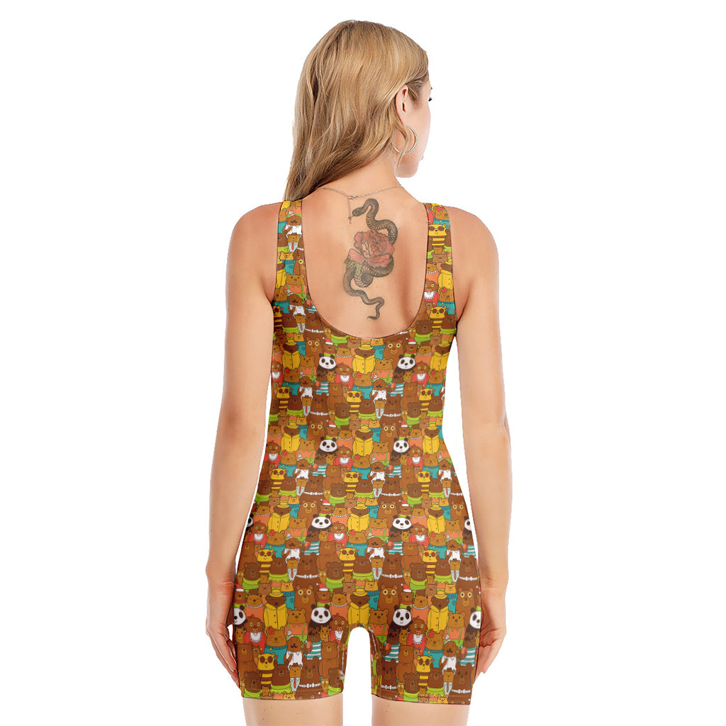 Colorful Cartoon Baby Bear Pattern Print Sleeveless One Piece Swimsuit