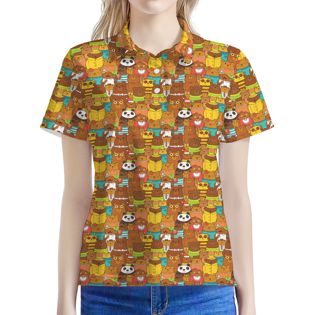 Colorful Cartoon Baby Bear Pattern Print Women's Polo Shirt