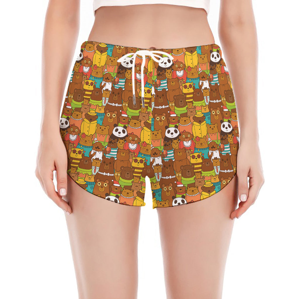 Colorful Cartoon Baby Bear Pattern Print Women's Split Running Shorts