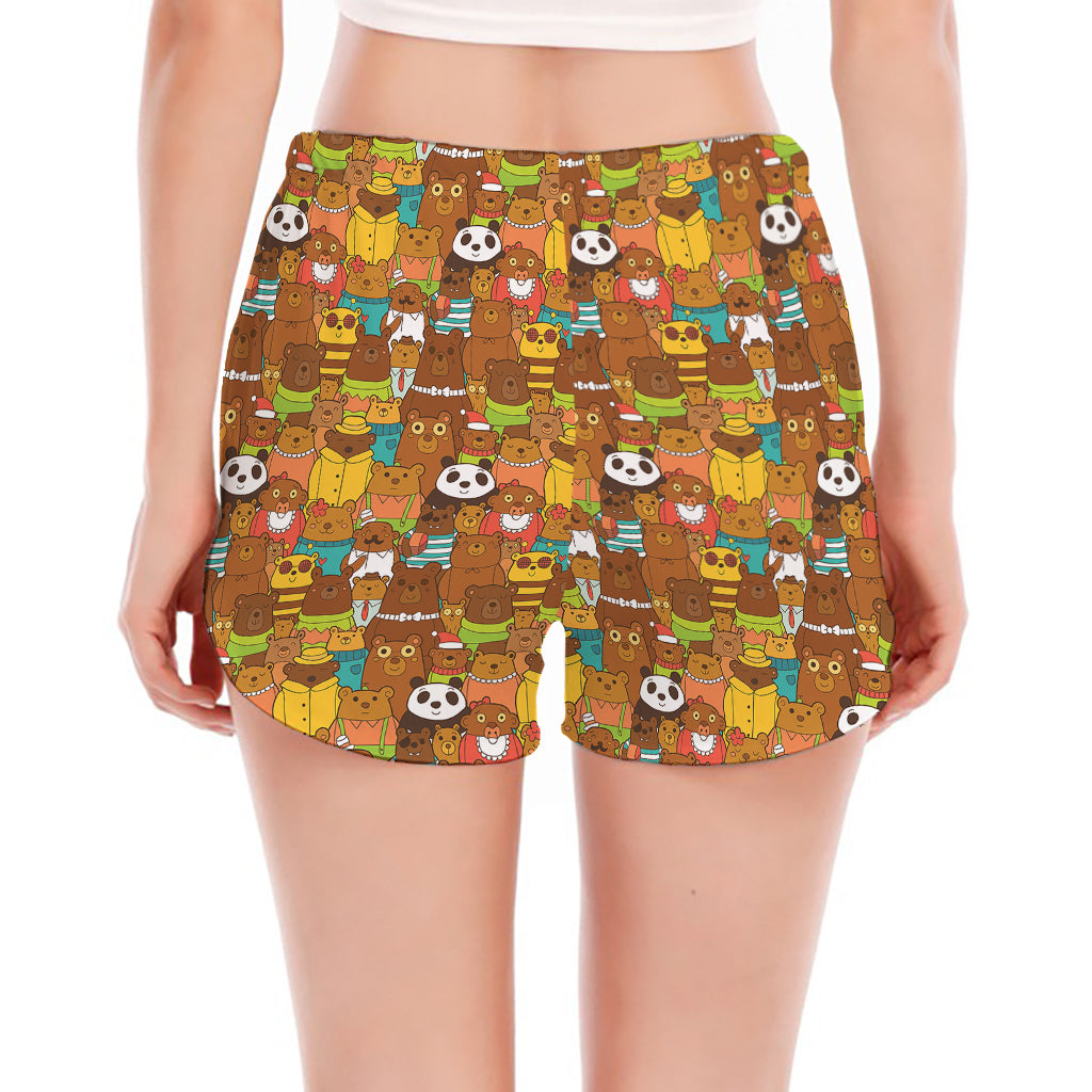 Colorful Cartoon Baby Bear Pattern Print Women's Split Running Shorts