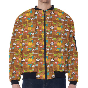 Colorful Cartoon Baby Bear Pattern Print Zip Sleeve Bomber Jacket