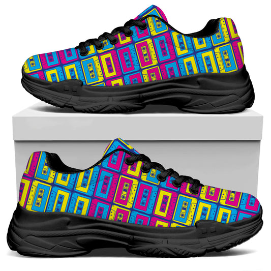Colorful Cassette Tape Print Black Chunky Shoes