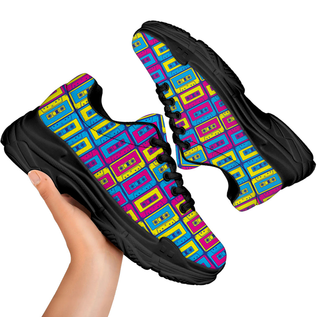 Colorful Cassette Tape Print Black Chunky Shoes